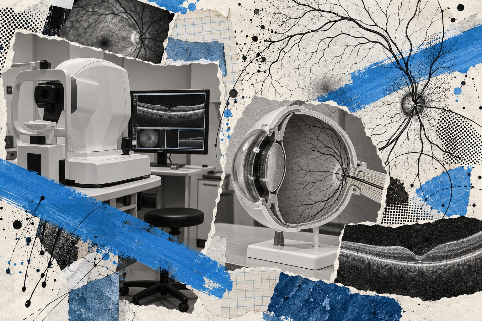 An ophthalmic scanner and eye model appear in a black and white collage with cool blue brush strokes.