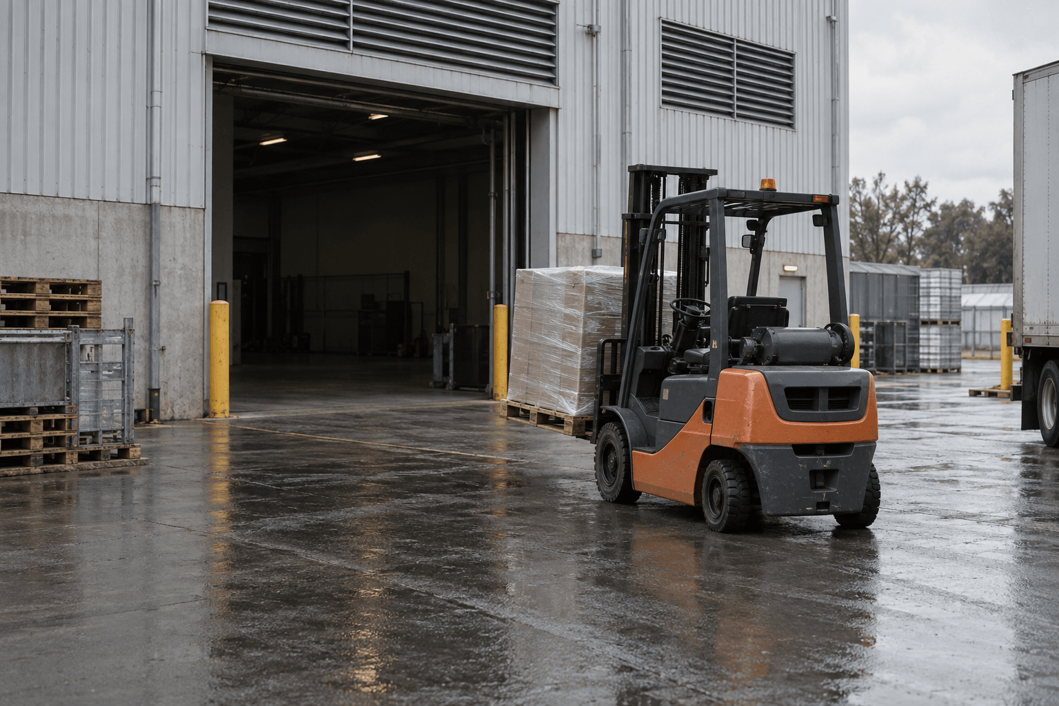 A forklift carries an unmarked pallet of equipment across an overcast industrial loading dock.