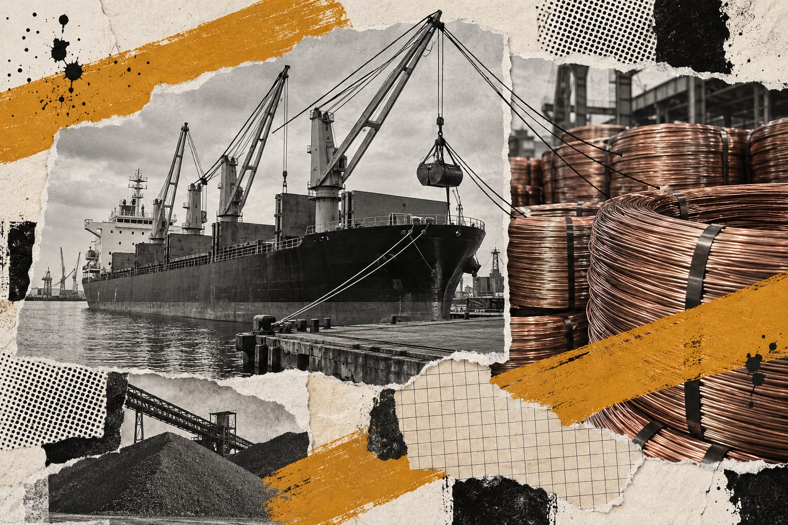 A mixed-media collage combines a cargo ship and copper wire coils with ink drawings and ochre brush strokes.