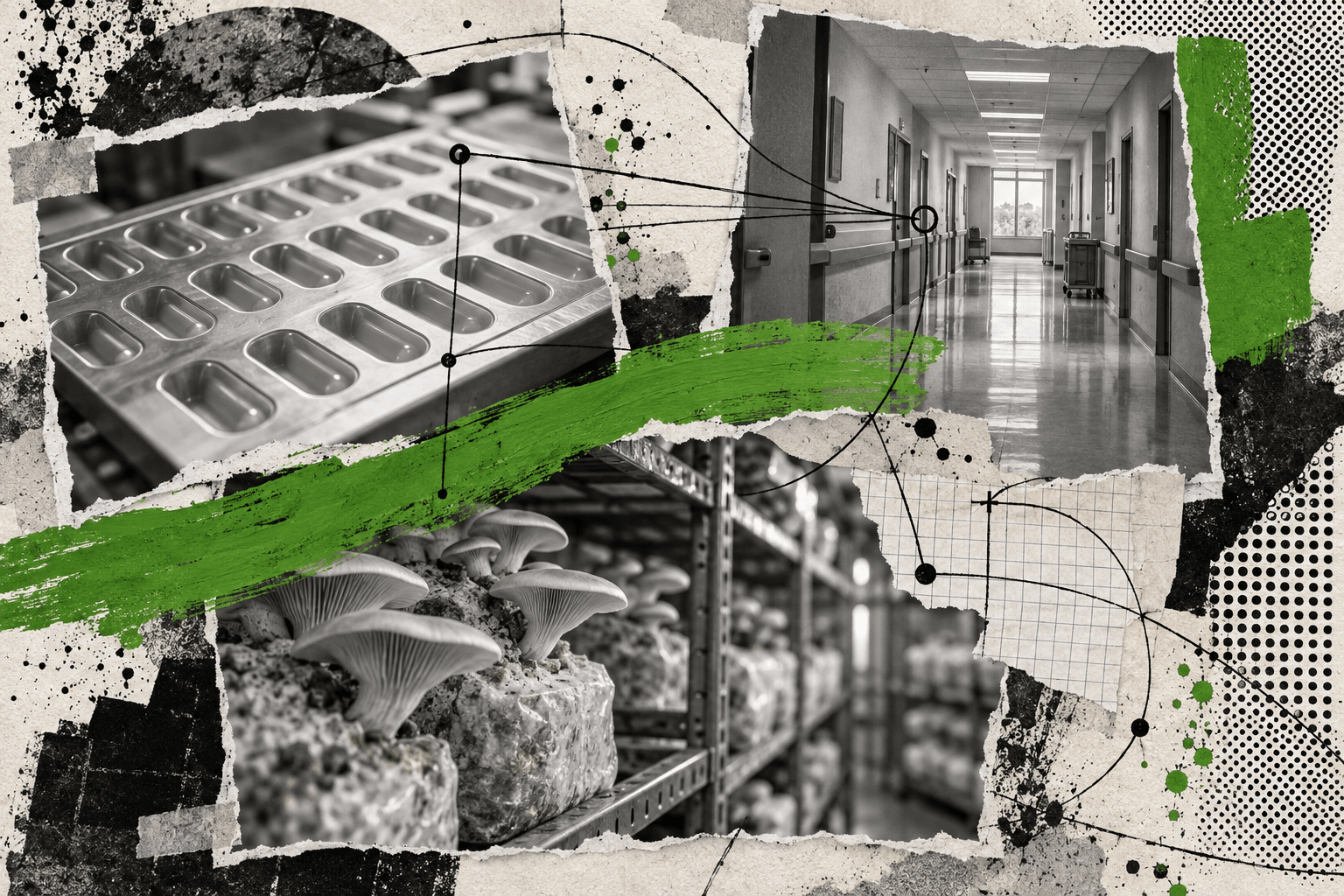 A collage of unmarked capsule trays, a clinic corridor and botanical forms crossed by a leaf-green brush stroke.