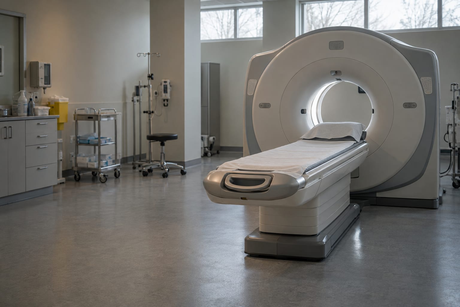 An empty CT scanner stands in a generic oncology imaging suite under cool daylight.