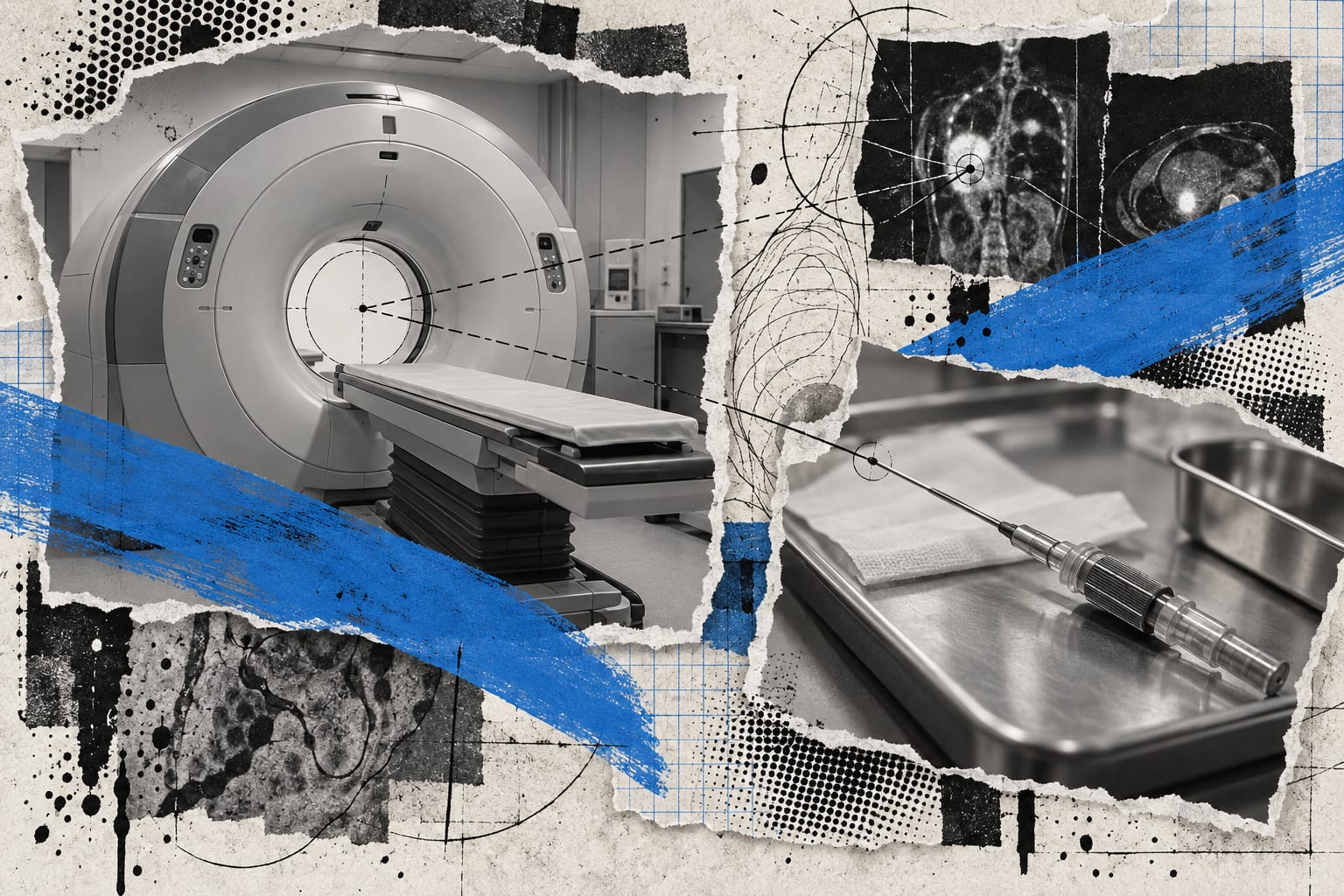 An editorial collage shows a PET scanner gantry and a biopsy needle joined by cool blue strokes.