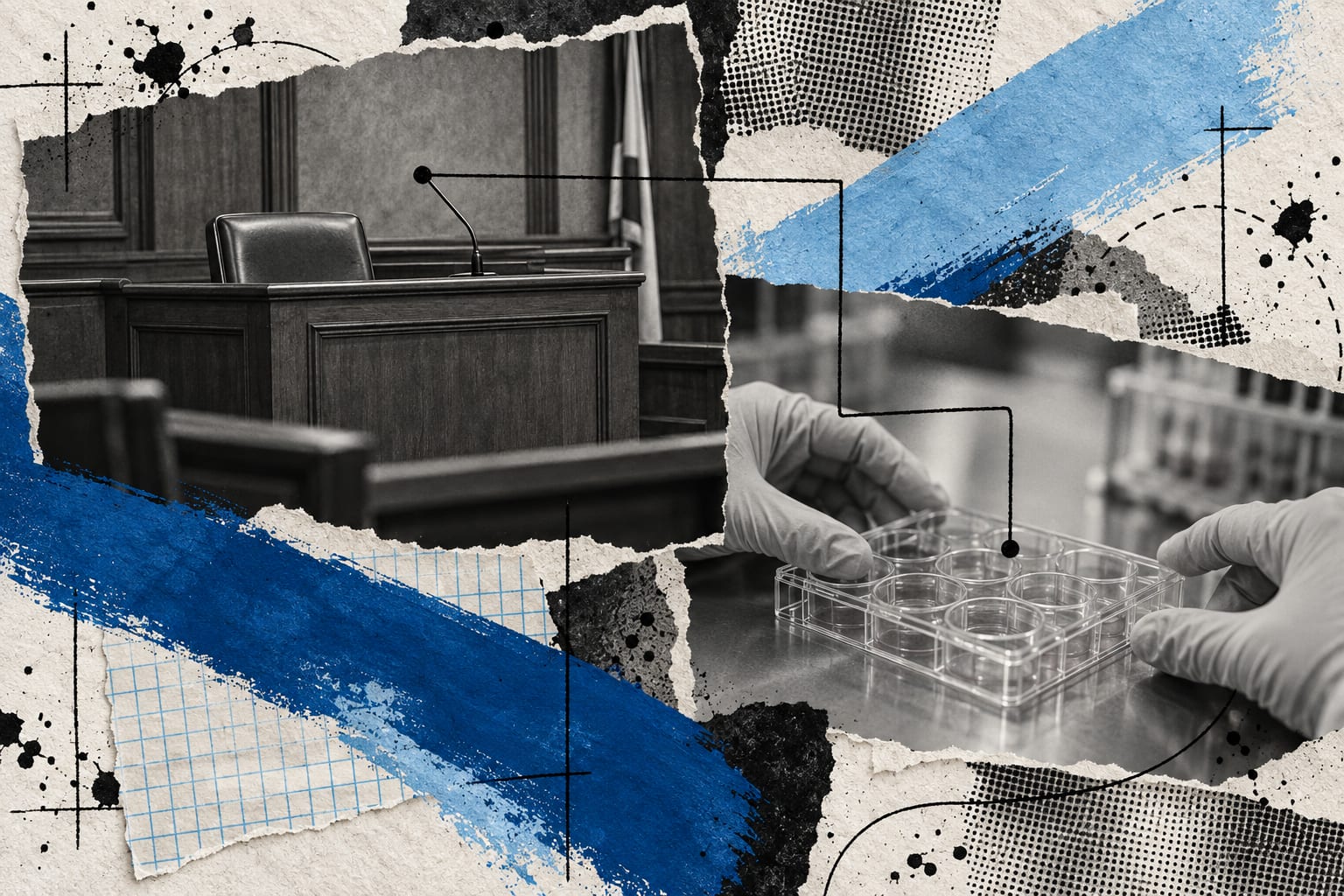 A mixed-media collage shows an empty courtroom witness stand and a cell culture plate crossed by cool blue brush strokes.