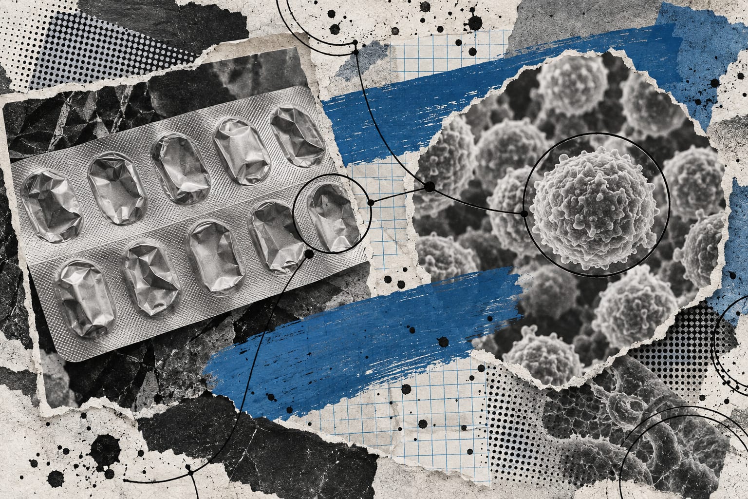 A black-and-white tablet blister and a blood cell micrograph overlap beneath cool blue brushstrokes on textured paper.