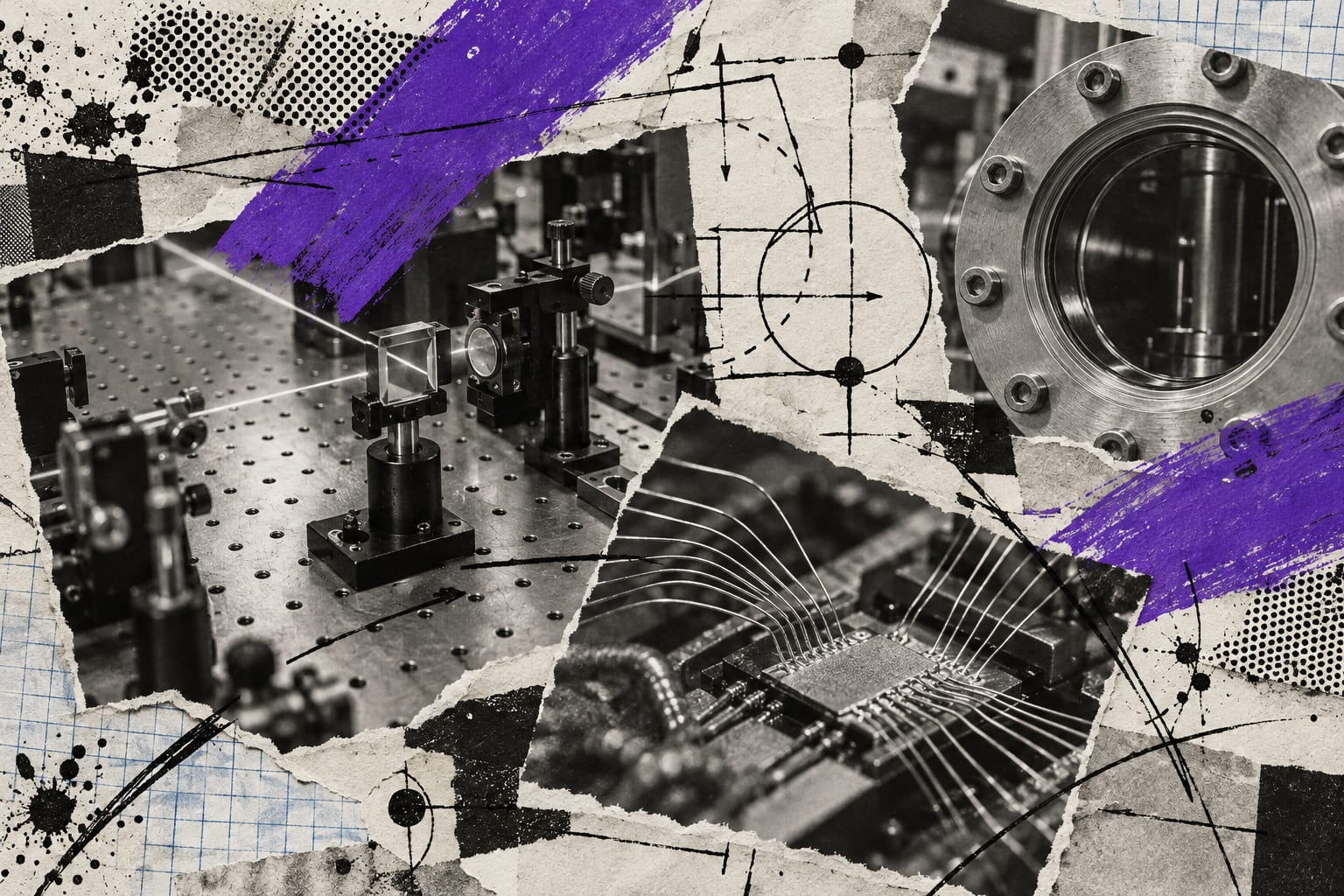 A black-and-white collage of laboratory optics and fine wire bonds is crossed by violet paint and ink test lines.