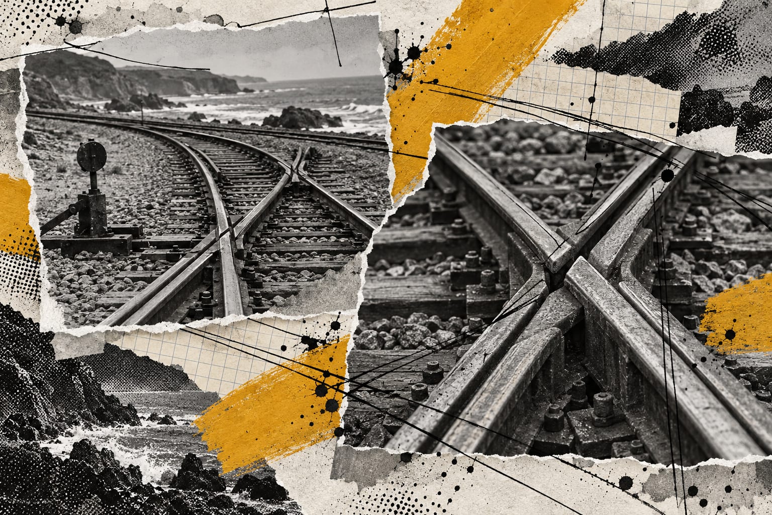 A mixed-media collage shows a coastal rail switch with ink tracks and ochre brush strokes.