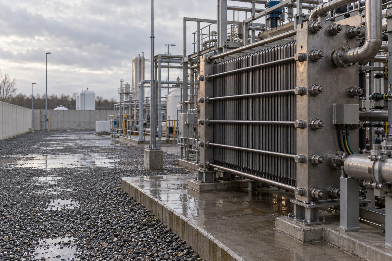 A bolted electrolyser module stands on a concrete pad at an anonymous hydrogen facility.