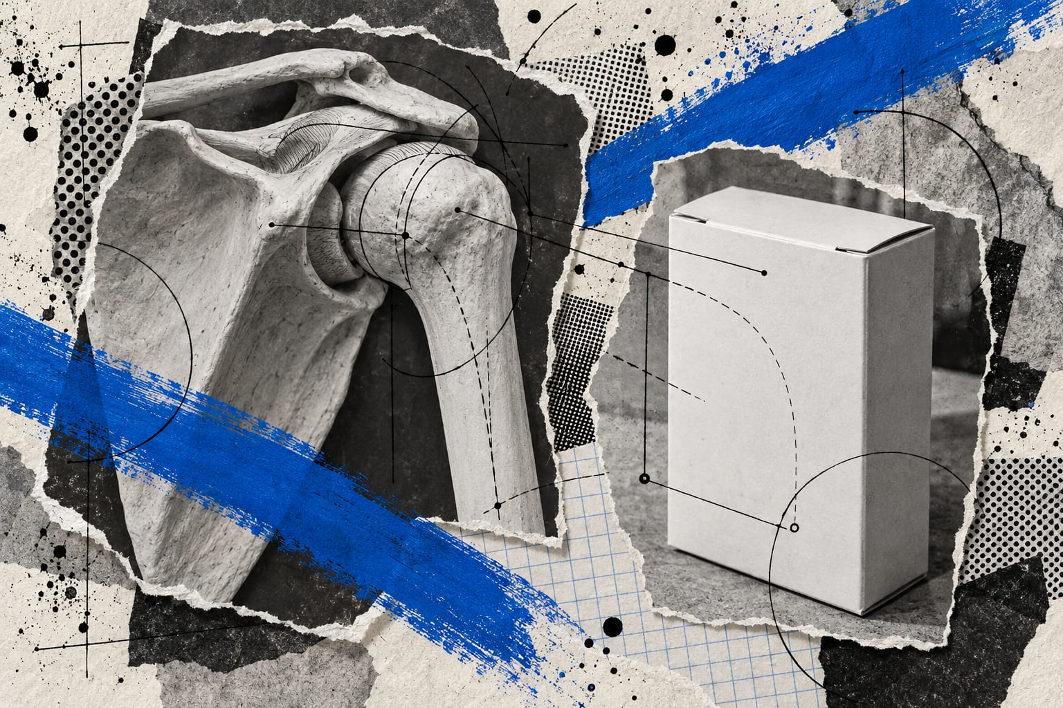 A black-and-white collage shows a plaster shoulder-joint model and a blank medicine carton crossed by cool-blue paint.