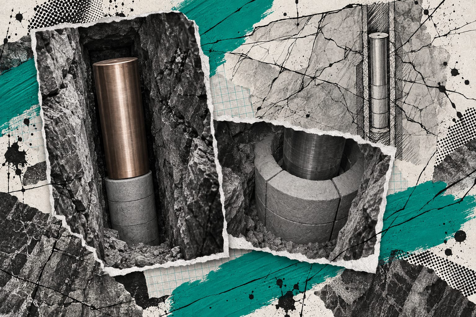 A layered collage shows a copper disposal canister and bentonite buffer rings within a rough bedrock passage.