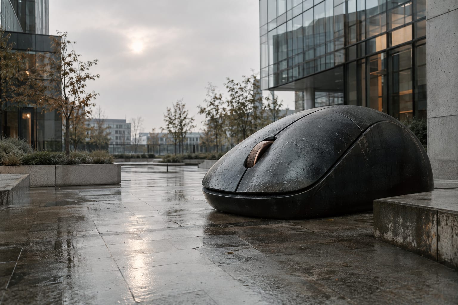 An oversized unbranded computer mouse sits in a wet courtyard outside an anonymous office building.