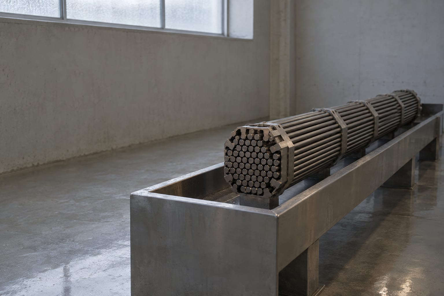 A nuclear fuel bundle rests in an inspection channel in an anonymous testing room.