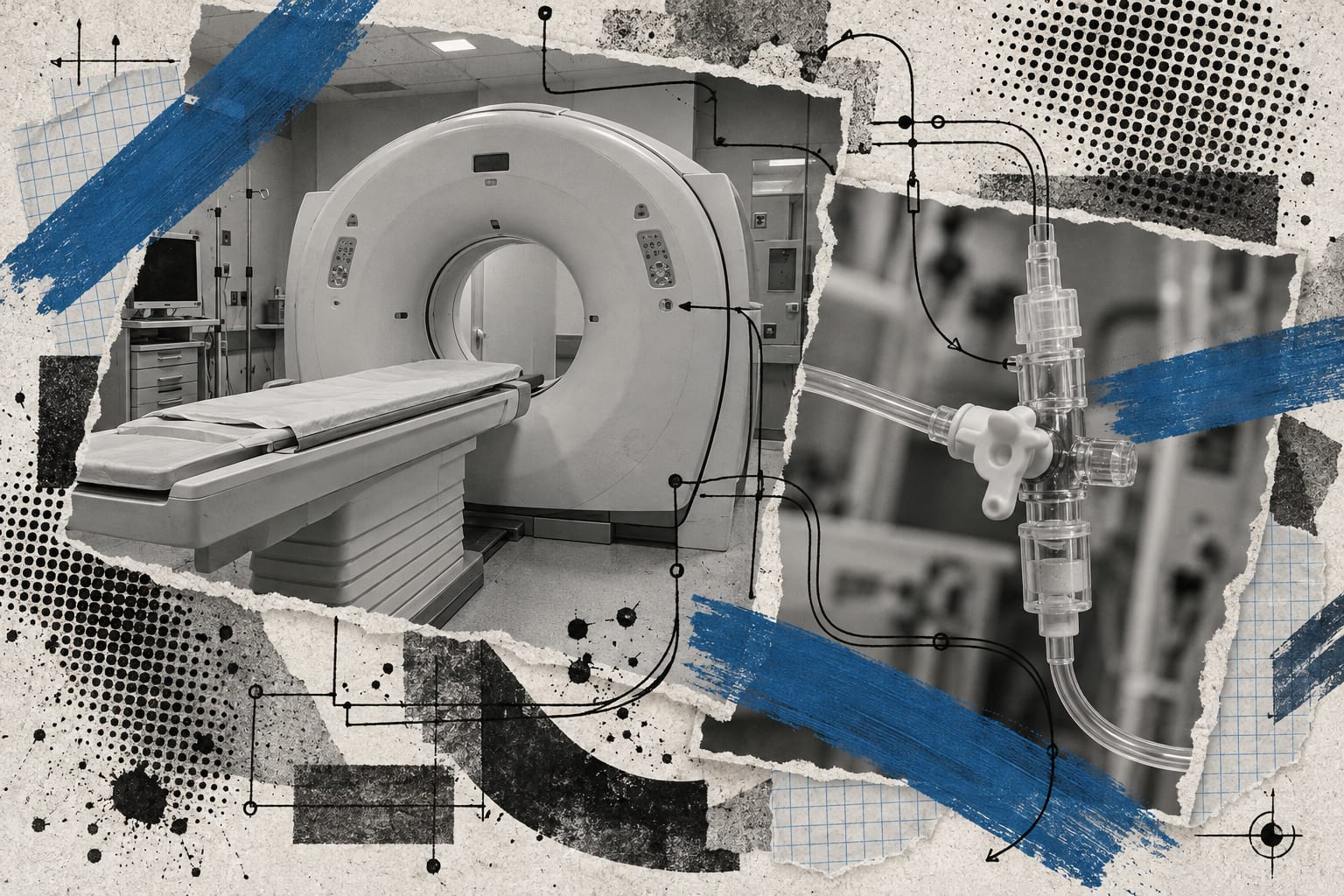 An editorial collage pairs an empty CT scanner with a sterile infusion port and cool blue brush strokes.
