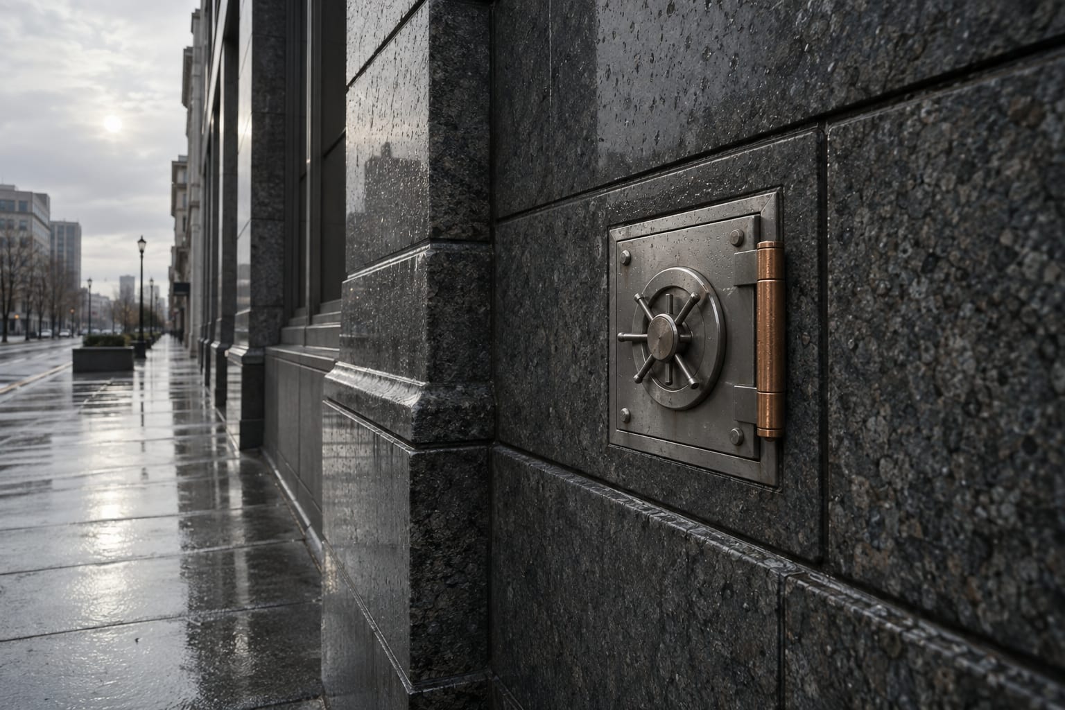 A miniature unmarked steel vault door sits in a rain-streaked stone office facade.