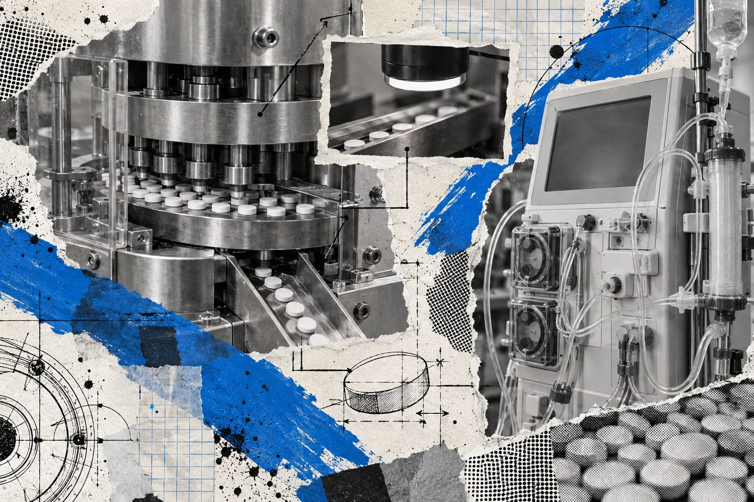 A layered editorial collage shows an anonymous tablet press beside a dialysis machine, crossed by cool blue paint strokes.