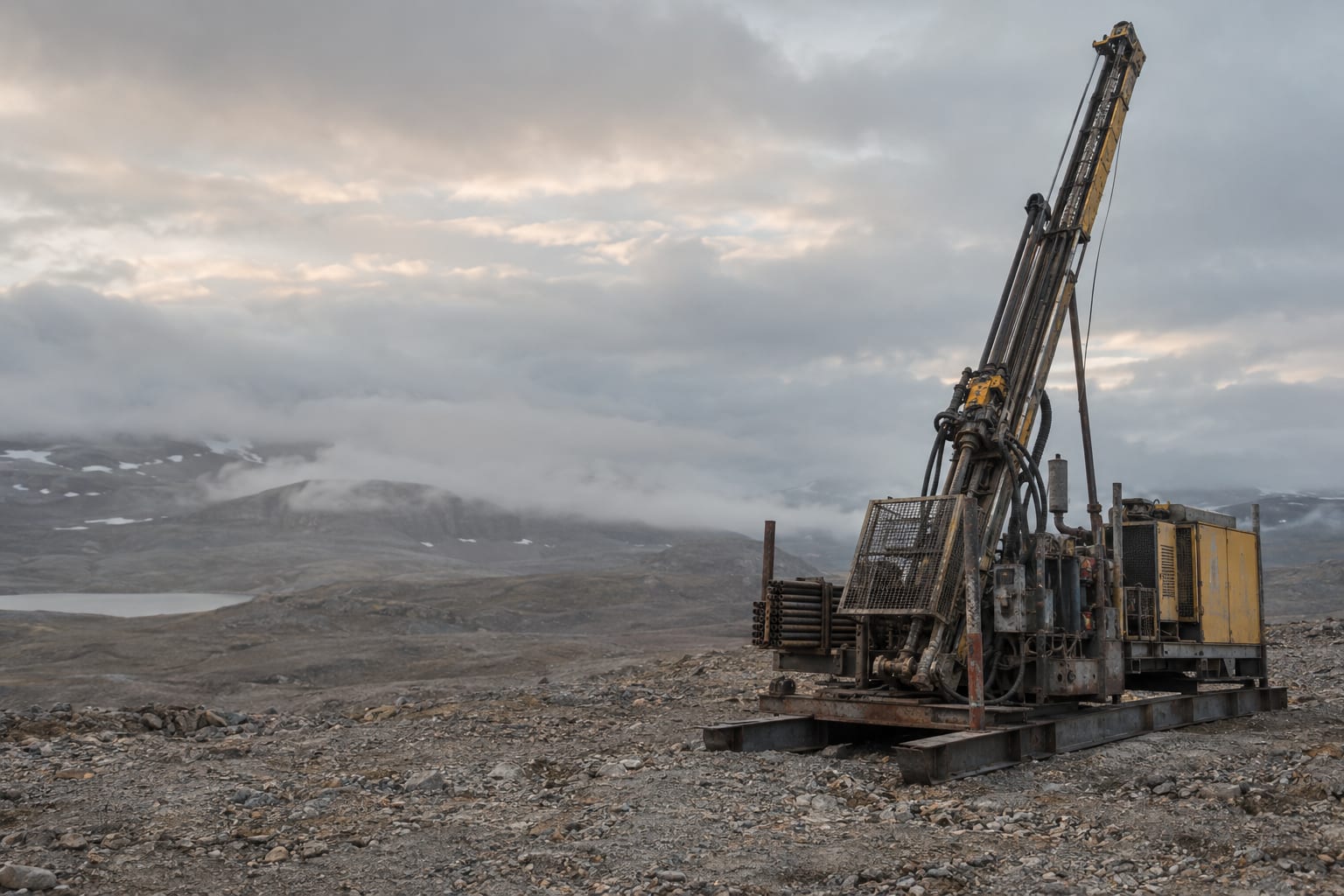 A diamond drilling rig stands on a treeless gravel bench beneath an overcast sky.