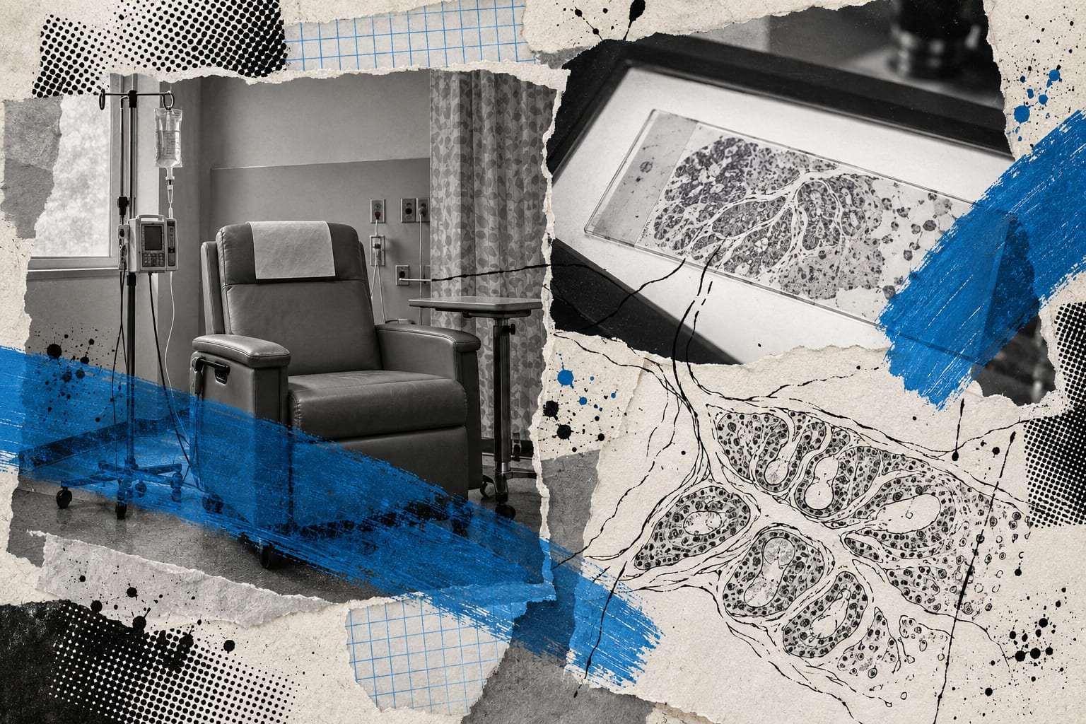 An empty infusion chair and an unlabelled pathology slide appear in a cool blue editorial collage.