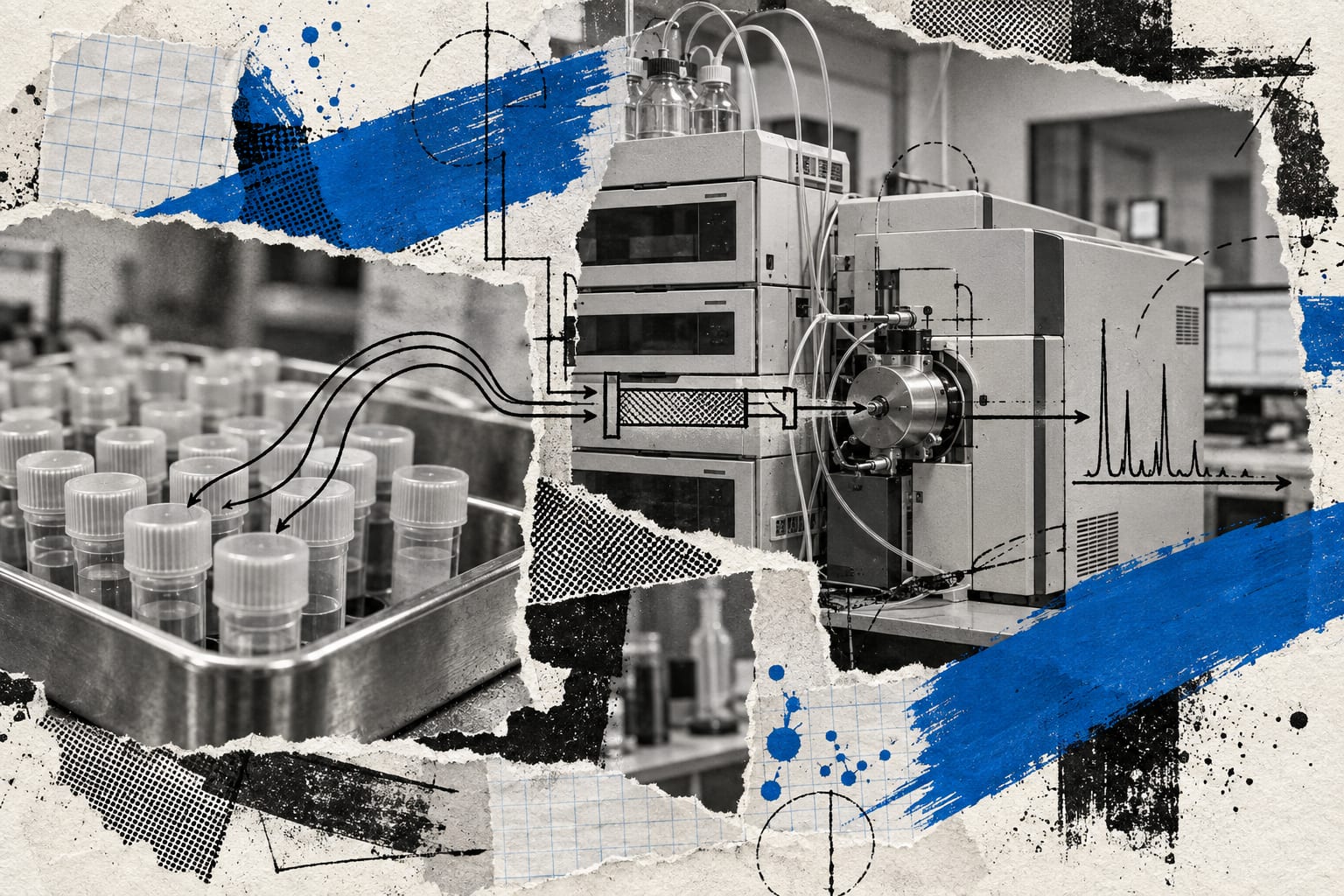 An editorial collage shows laboratory assay equipment and unlabelled sample tubes joined by cool blue ink strokes.