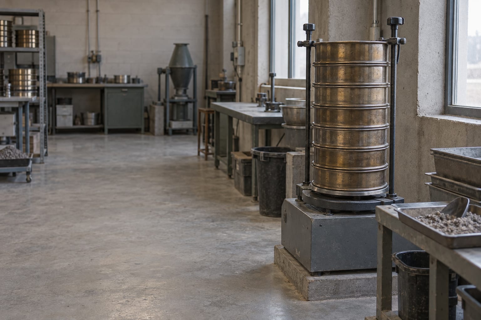 A mechanical sieve stack stands in an unmarked mineral testing workshop under soft overcast light.