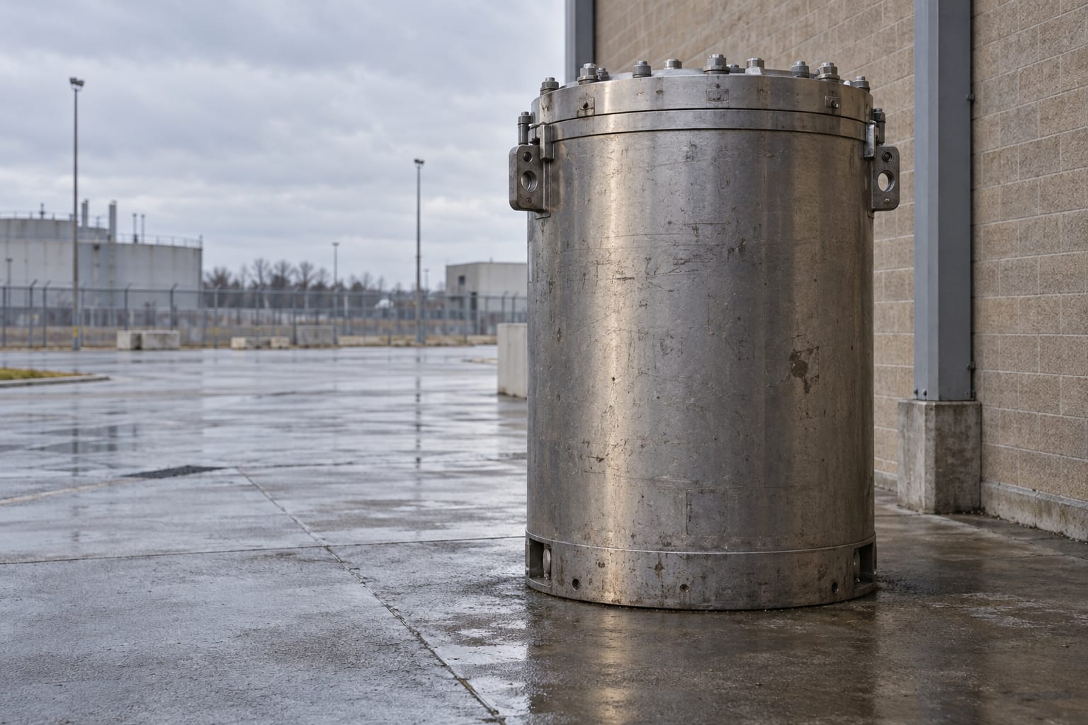 An illustration shows an unmarked cylindrical fuel transport canister on a concrete loading apron beside a plain brick wall.