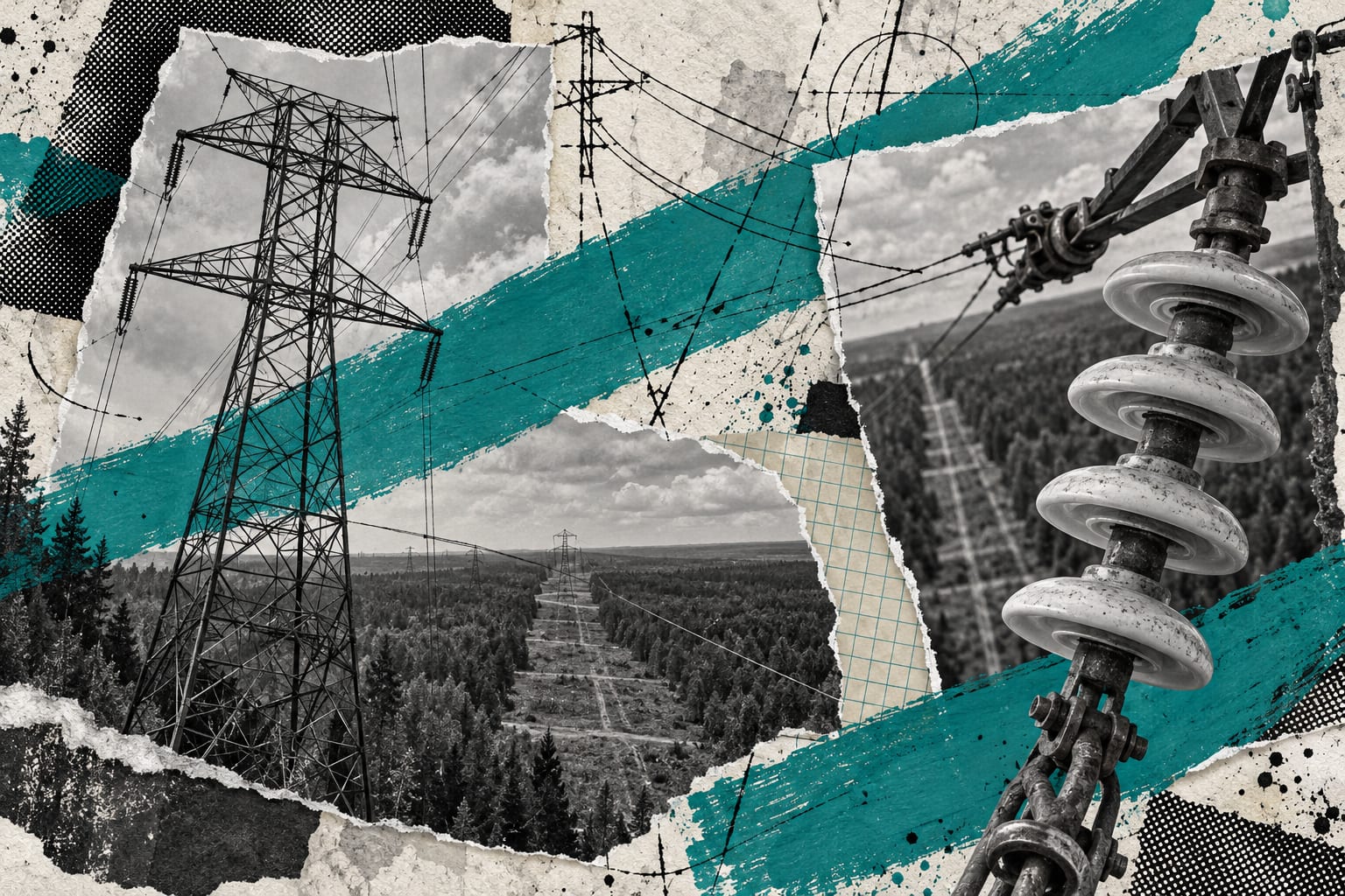 Black-and-white cutouts of a transmission tower and ceramic insulators cross teal brush strokes over a wooded right-of-way.