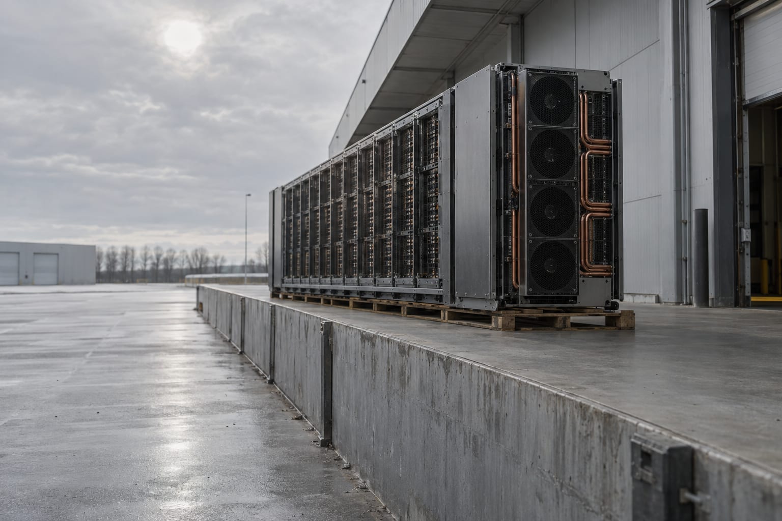 An oversized GPU server blade rests on a pallet at an empty freight loading platform.