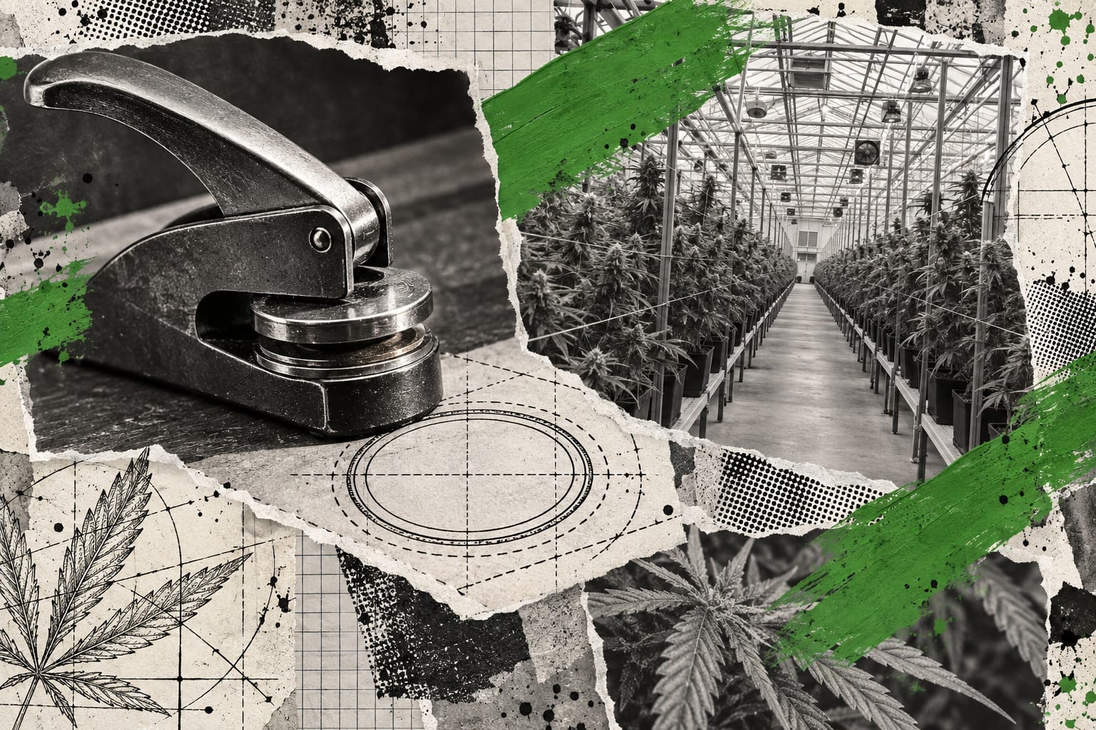 A collage pairs an unmarked corporate seal embosser with an empty cannabis greenhouse beneath a leaf-green painted stroke.