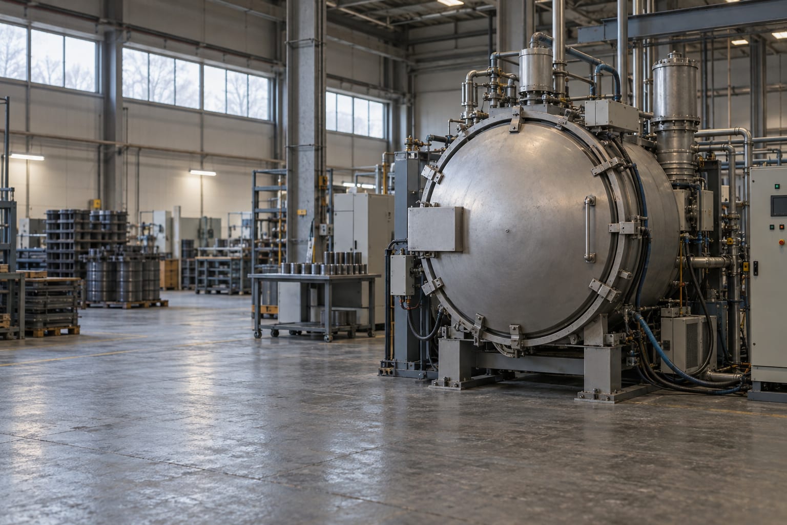 A generic vacuum sintering furnace stands in an industrial magnet manufacturing hall.