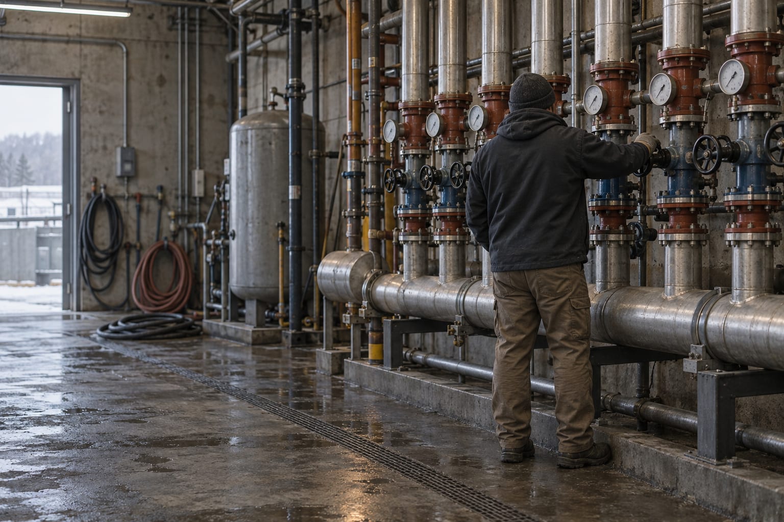 A technician checks cooling-water valves in an anonymous industrial service room.