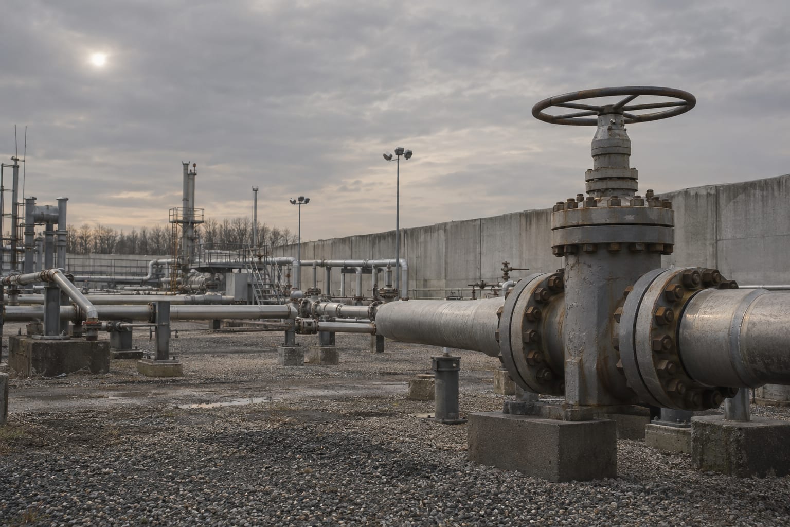 An oversized pipeline valve stands in an industrial gas receiving yard under an overcast sky.