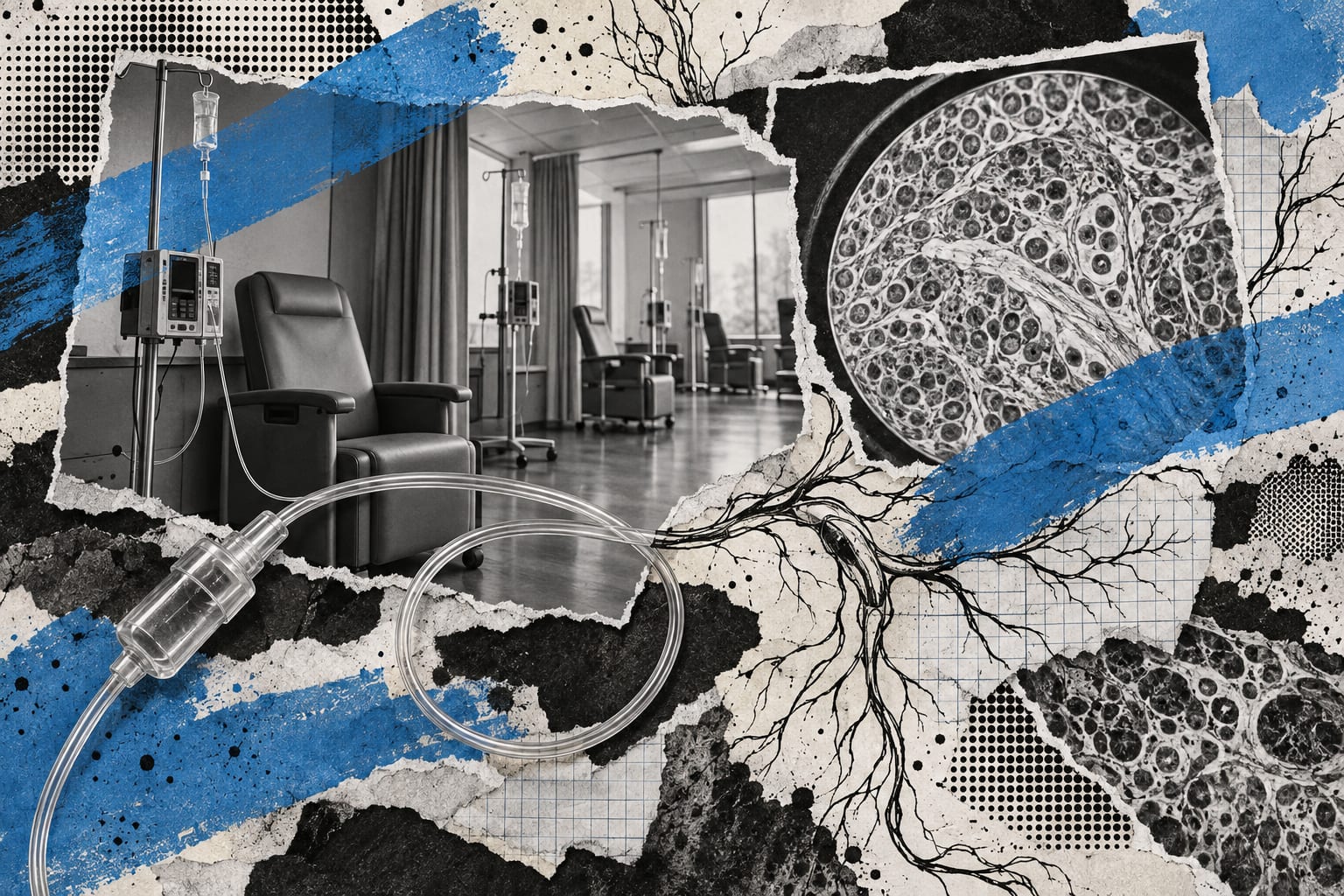 An editorial collage shows an empty infusion room and a tissue slide beneath cool blue paint strokes.
