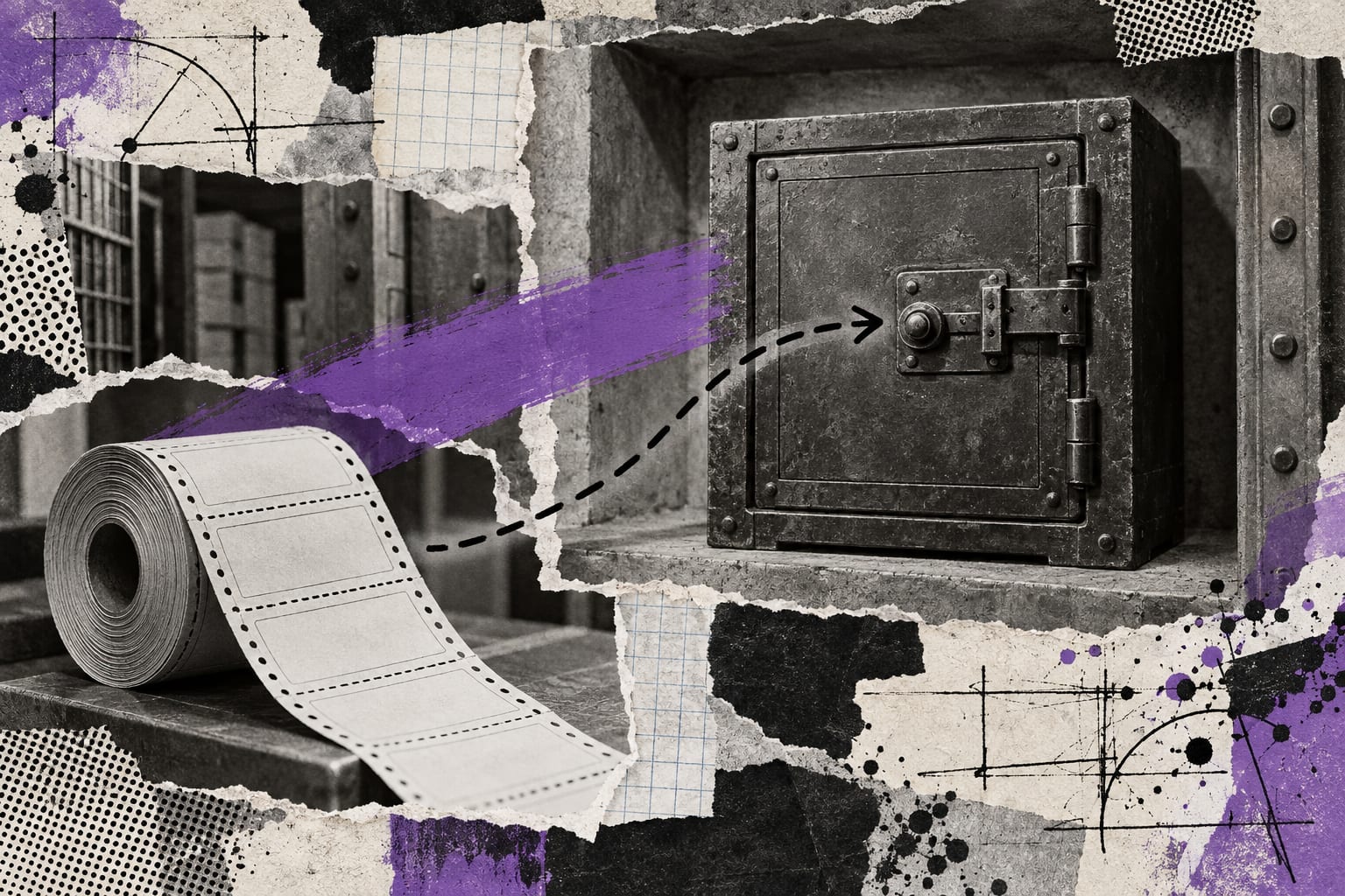 A black and white collage shows a closed steel strongbox and blank dividend coupons in an anonymous vault alcove.