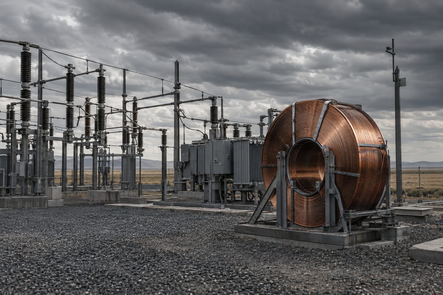 An oversized copper transformer coil stands beside switchgear in an anonymous prairie yard beneath heavy cloud.