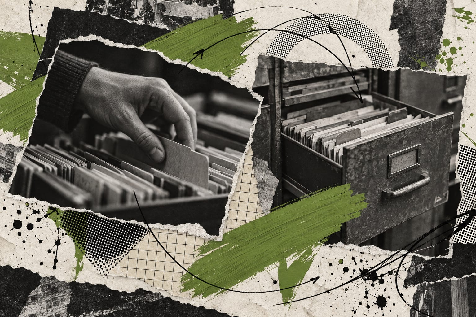 A mixed media collage shows an archive drawer and an anonymous hand crossed by leaf-green ink lines.