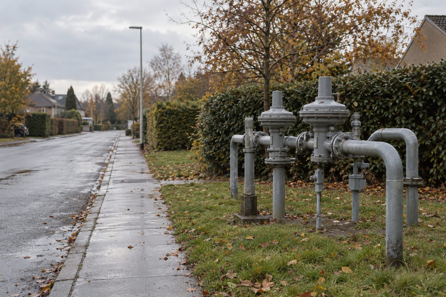 Unmarked gas pressure regulators stand beside a quiet suburban street under grey skies.