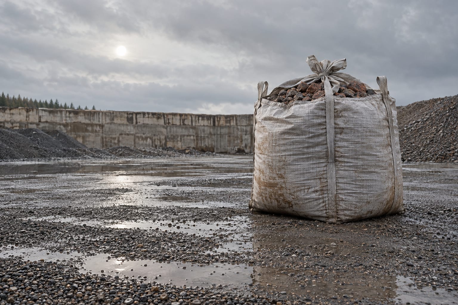 An illustration shows a large sack filled with rocks on a wet surface beneath a cloudy sky.