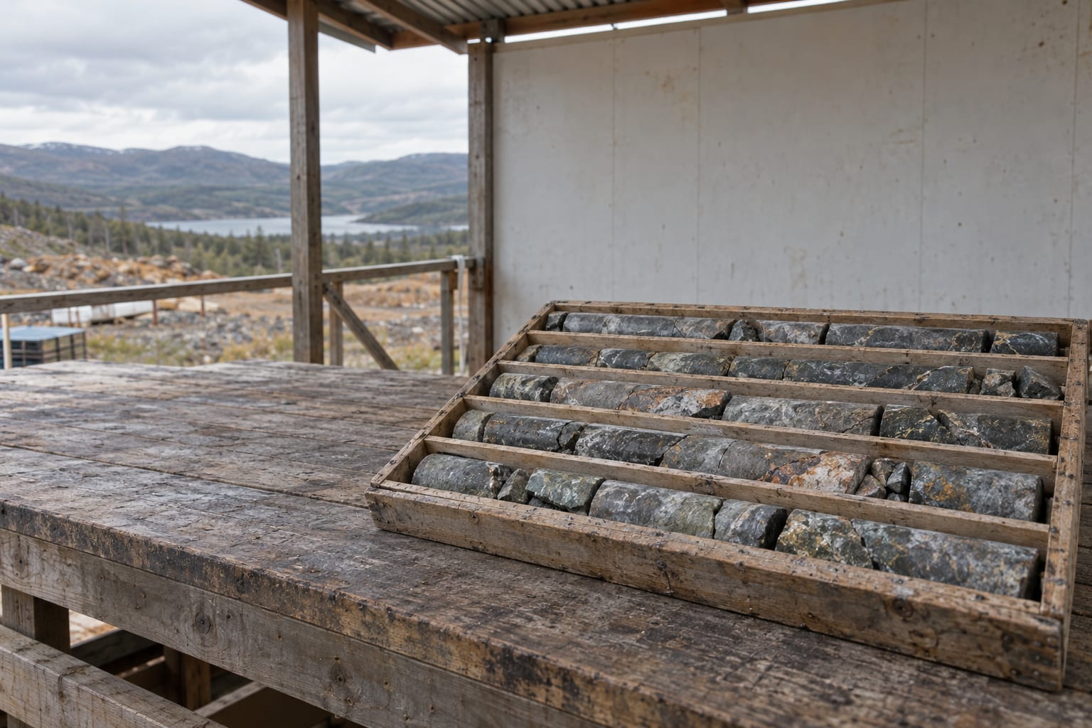 A tray of split drill core rests on a timber table in a generic outdoor core logging shelter.