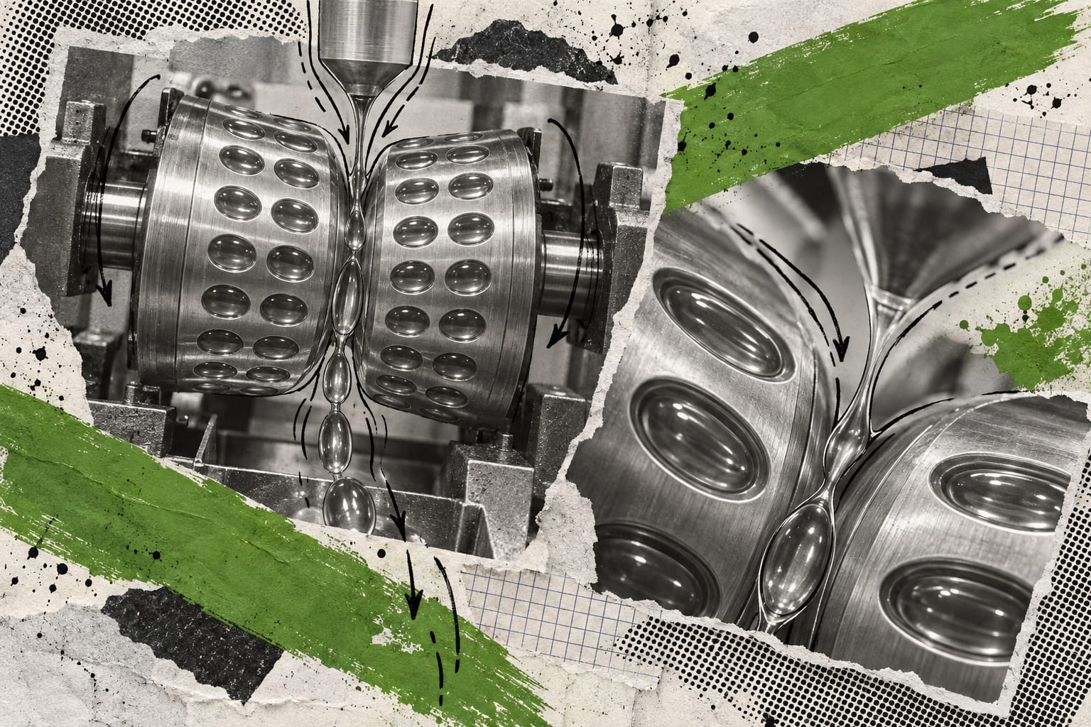 A mixed-media collage shows paired softgel encapsulation rollers crossed by leaf-green brush strokes and black ink lines.