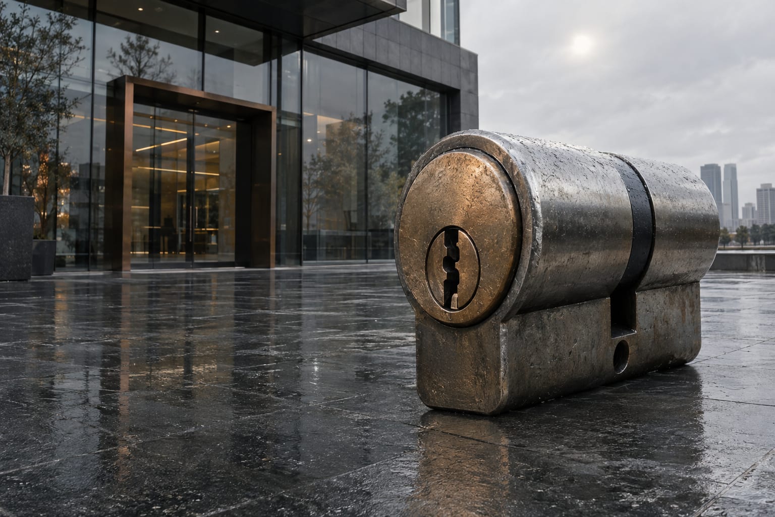 An oversized metal lock cylinder rests on wet paving outside an anonymous commercial building.
