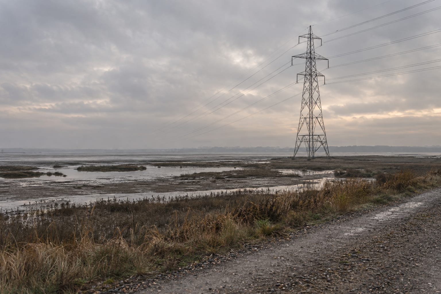 A lattice transmission tower rises above a flat marsh, with power lines fading into a grey sky.