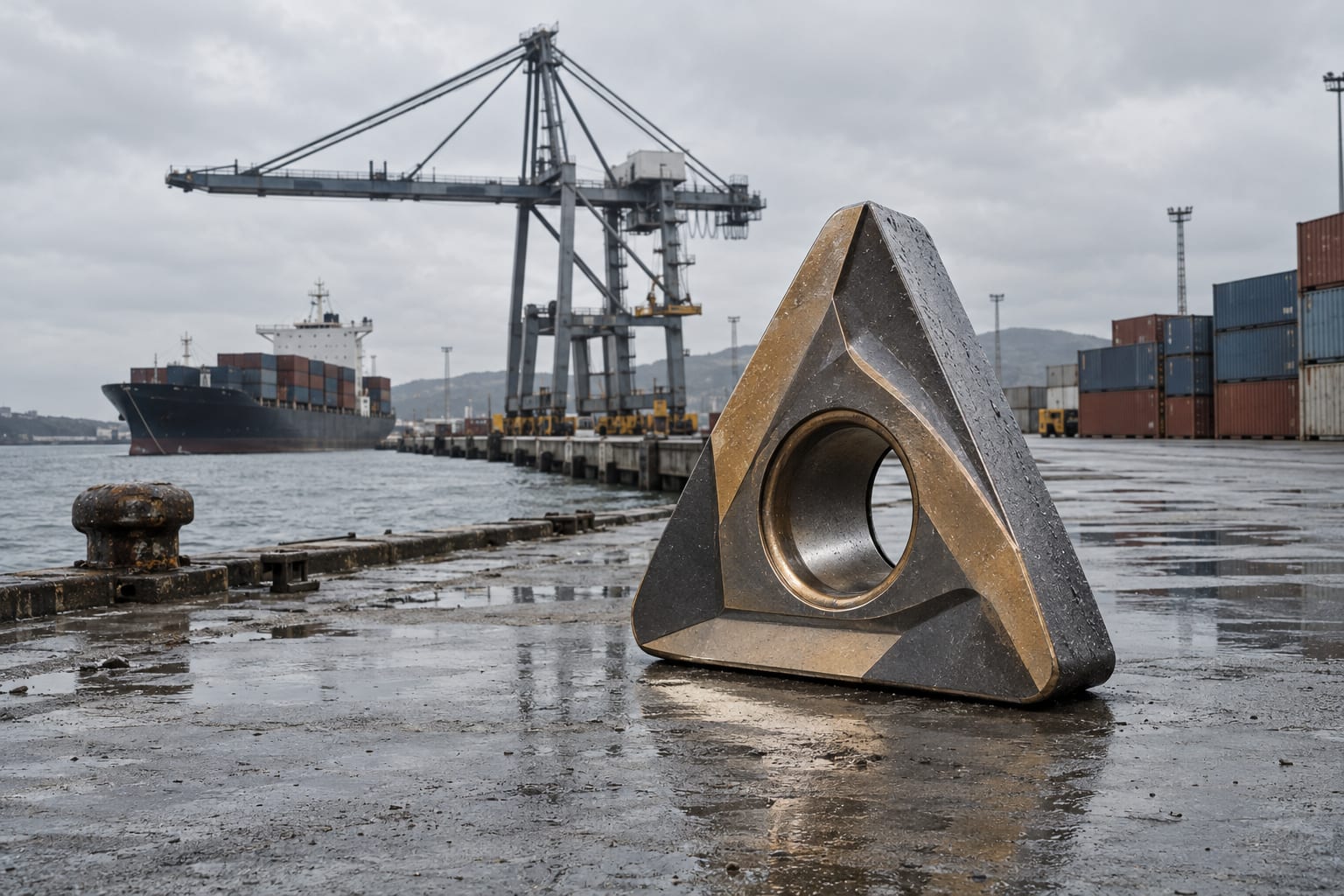 An oversized tungsten carbide cutting insert stands on a wet generic port quay beneath a grey sky.