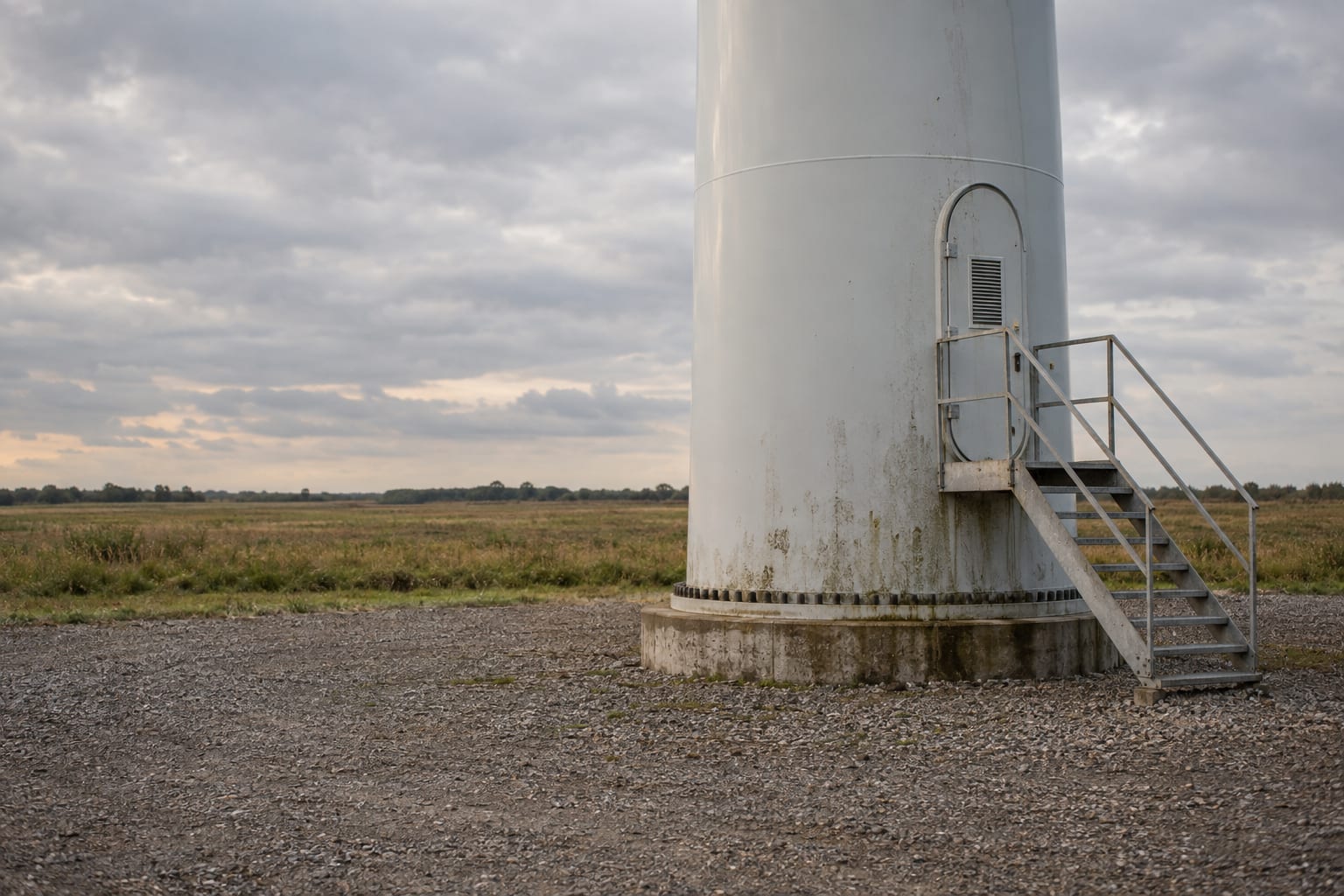 An anonymous wind turbine's lower tower and access platform stand above a gravel service area beneath an overcast sky.