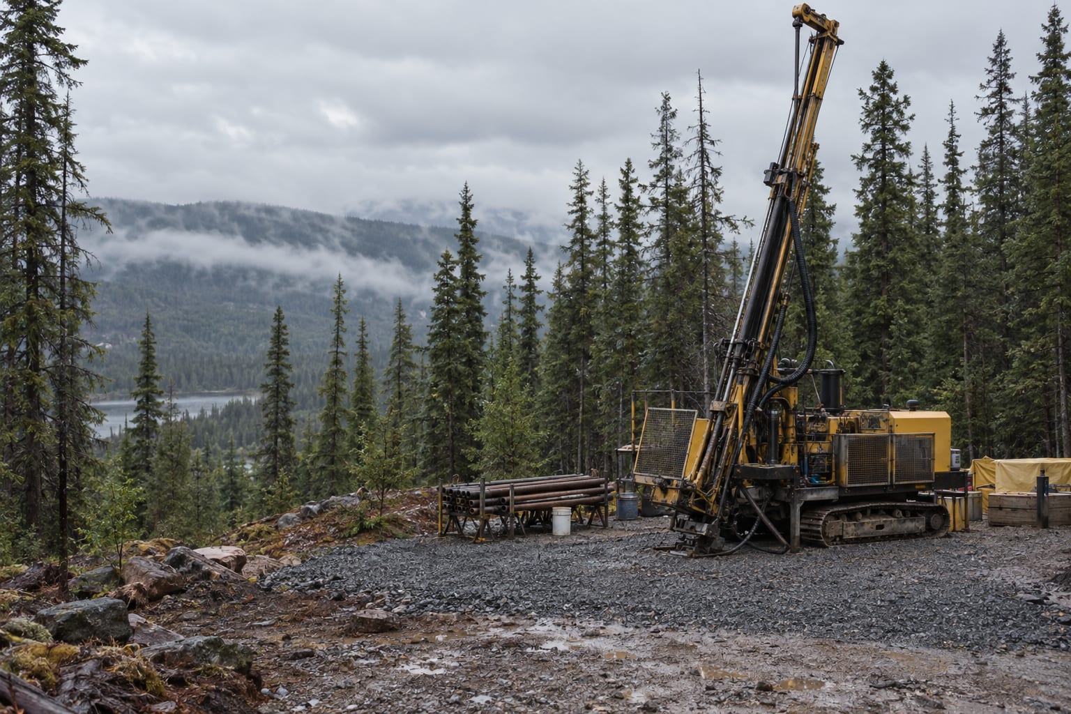 A diamond drilling rig stands in a small clearing surrounded by conifers under an overcast sky.