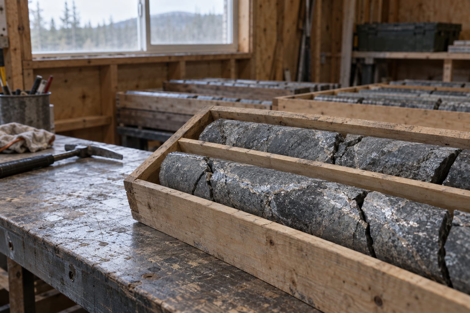 Split grey drill core rests in a wooden tray on a sorting bench inside a generic timber core shed.
