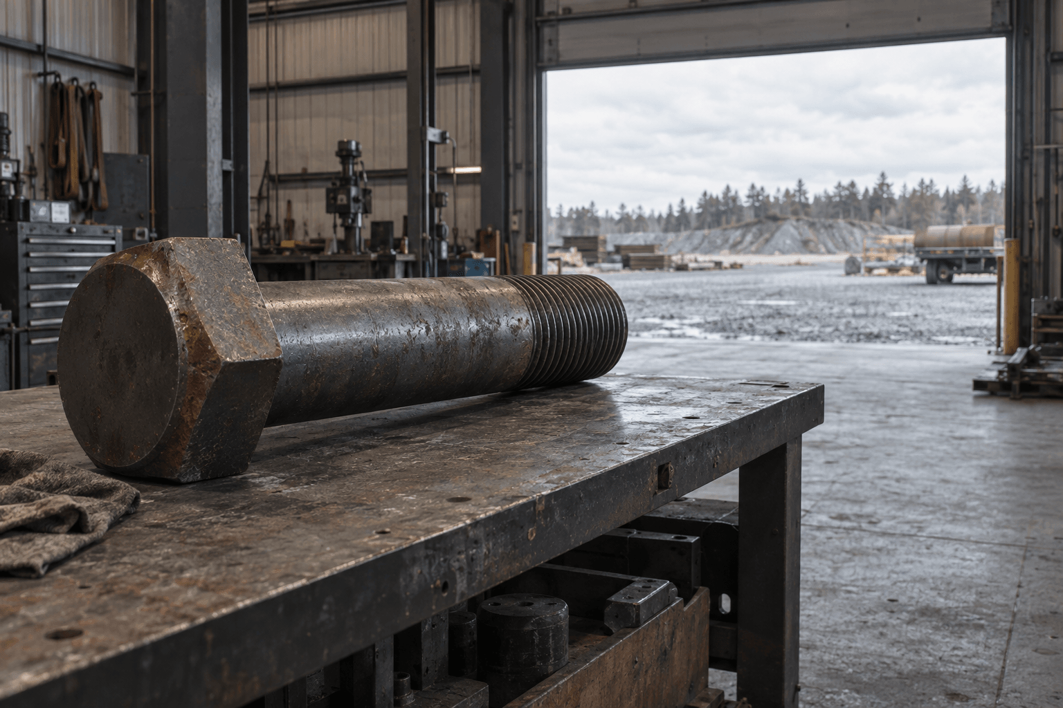 An oversized turbine bolt rests in an empty steel fabrication workshop.