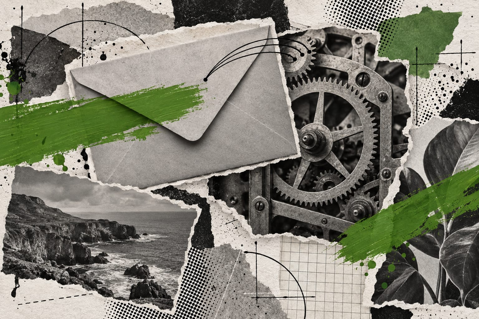 A paper collage shows a sealed envelope and exposed clockwork gears crossed by leaf-green brush strokes.