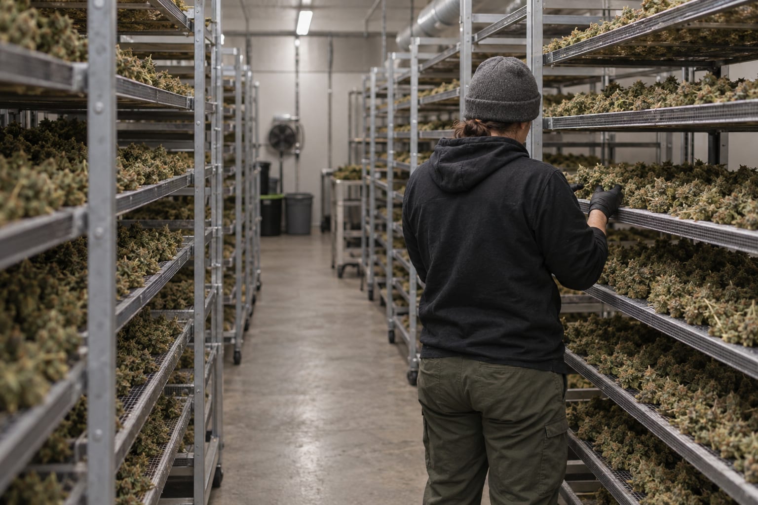A worker seen from behind inspects mesh drying racks in an anonymous cannabis processing room.