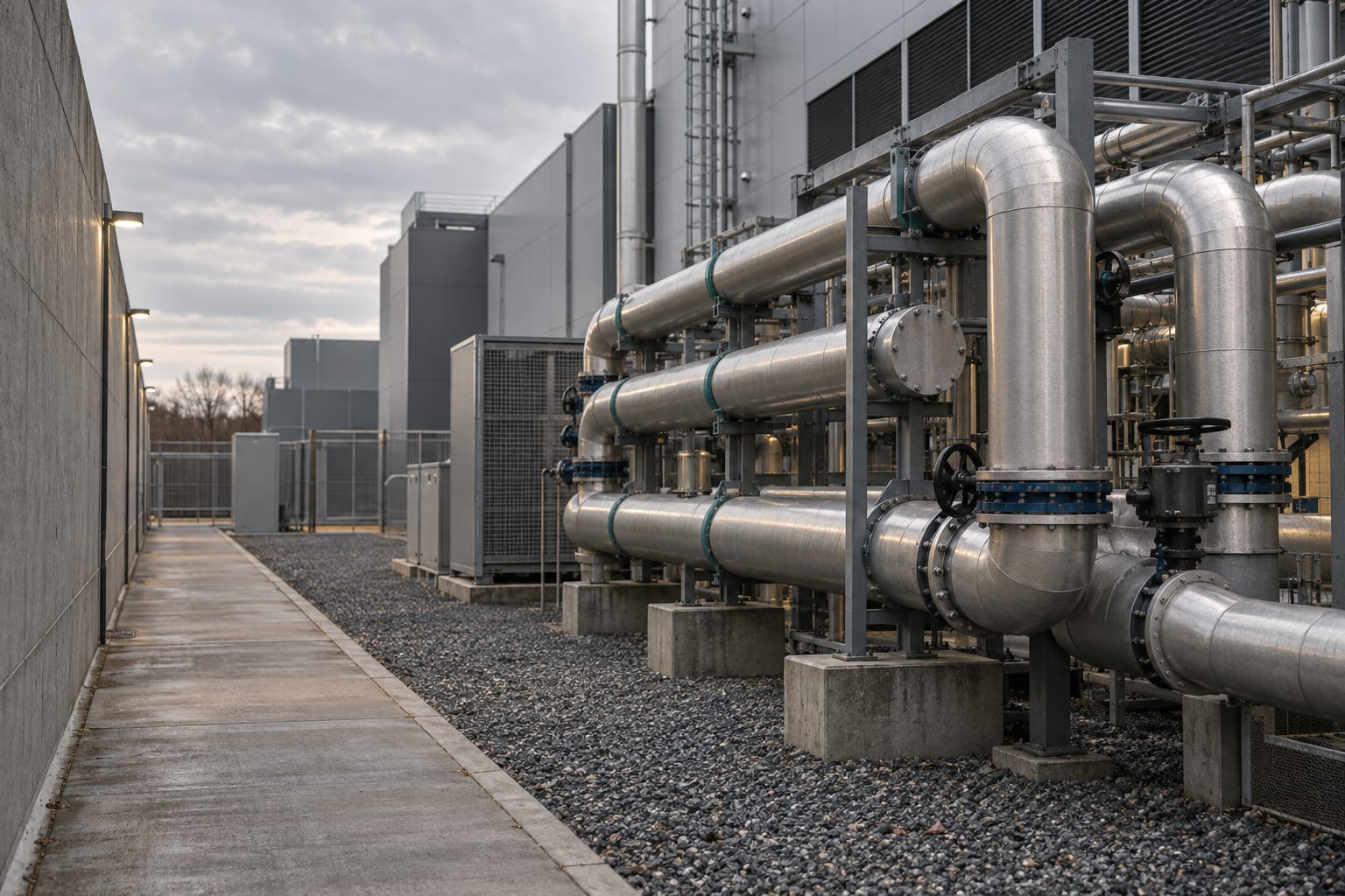 An unmarked chilled-water pipe manifold stands beside a generic data centre under an overcast sky.