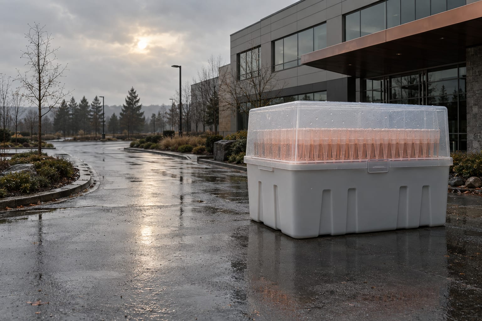 An oversized closed pipette tip box stands outside an anonymous biotechnology office building beneath an overcast sky.