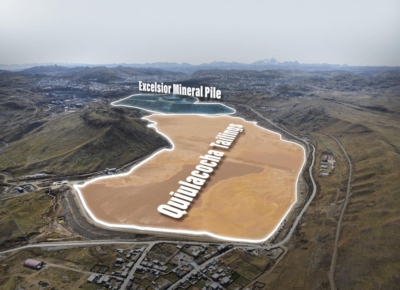 The Quiulacocha tailings storage facility extends across a basin in central Peru.