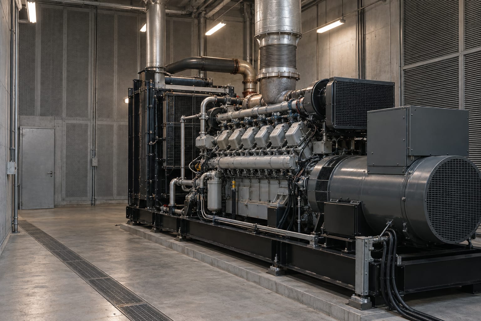 An unmarked gas generator module stands in a sound-insulated factory test cell.